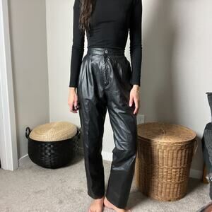 90s vintage black leather minimalist high waisted rise pleated pants trousers